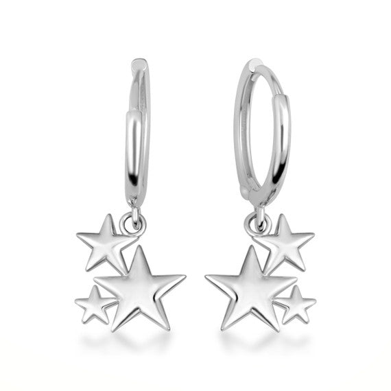 .925 Sterling Silver Star Cluster Drop Huggie Hoop Earrings