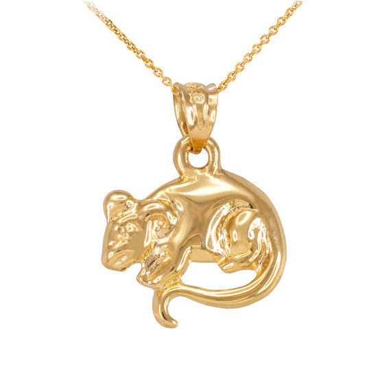 Polished Gold Rat Mouse Charm Necklace (Available in Yellow/Rose/White Gold)