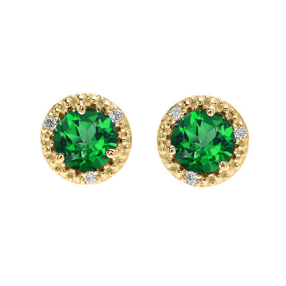 10k Halo Stud Earrings in Gold with Solitaire Lab Created Emerald and Diamonds(Available in Yellow/Rose/White Gold)