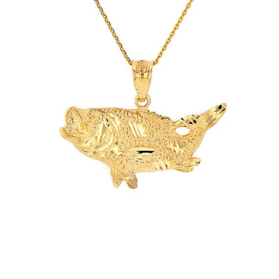 Gold Diamond Cut Bass Fish Pendant Necklace (Available in Yellow/Rose/White Gold)