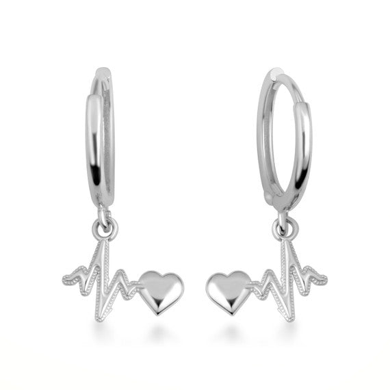 .925 Sterling Silver Heartbeat Pulse Milgrain Huggie Hoop Earrings
