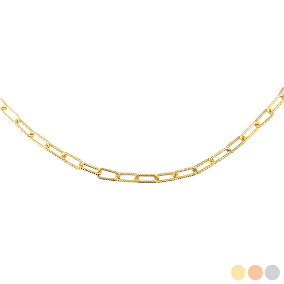 Gold Women's Textured Paperclip Chain Link Necklace (0.37", 0.15") (Available in Yellow/Rose/White Gold)