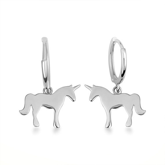 .925 Sterling Silver Unicorn Horse Drop Huggie Hoop Earrings