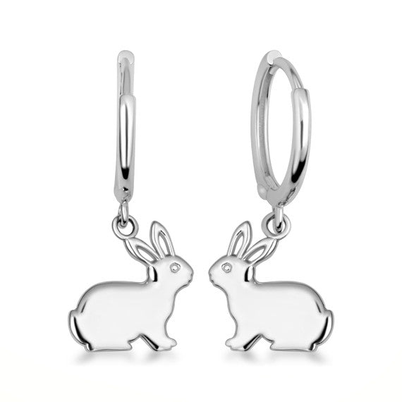 .925 Sterling Silver Bunny Rabbit Drop Huggie Hoop Earrings