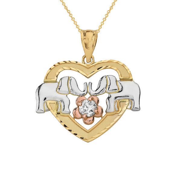 Tri-Color Gold Elephant Heart Flower Cubic Zirconia Pendant Necklace