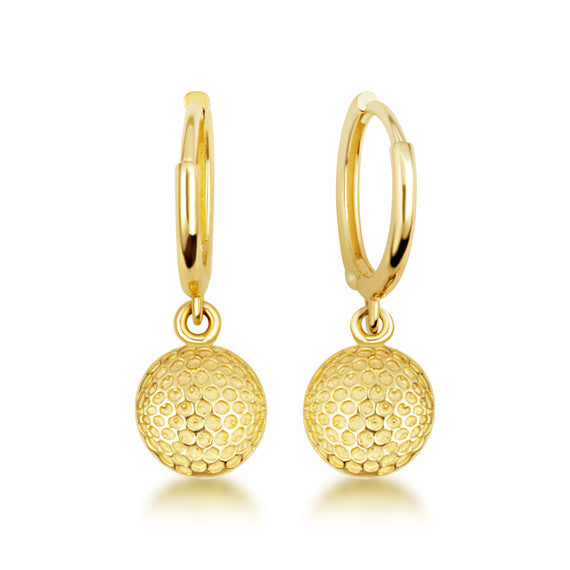 Yellow Gold Golf Ball Textured Drop Huggie Earrings