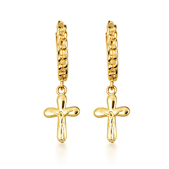 Yellow Gold Cross Crucifix Jesus Christ Milgrain Cuban Link Huggie Hoop Earrings