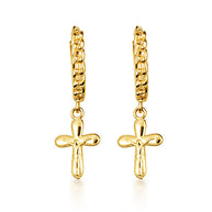 Yellow Gold Cross Crucifix Jesus Christ Milgrain Cuban Link Huggie Hoop Earrings
