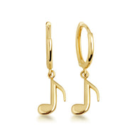 Yellow Gold Eighth Music Note Drop Huggie Hoop Earrings