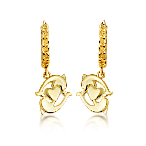Yellow Gold Dolphin Heart Cuban Link Huggie Hoop Earrings
