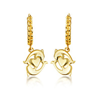 Yellow Gold Dolphin Heart Cuban Link Huggie Hoop Earrings
