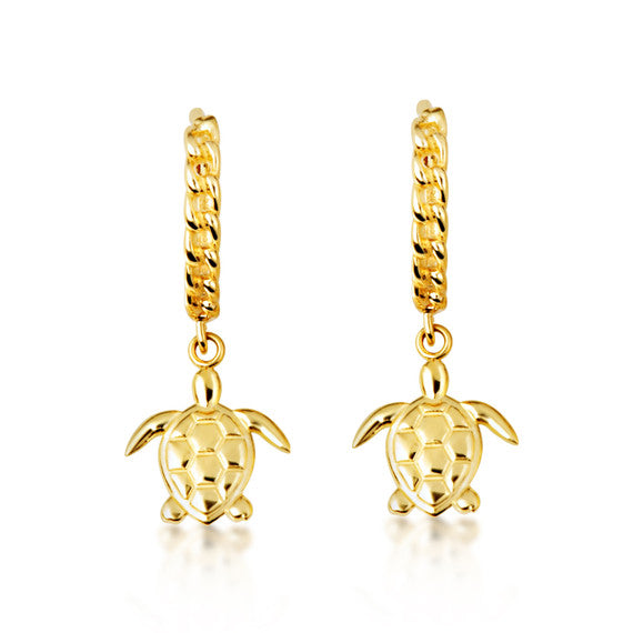 Yellow Gold Marine Sea Turtle Cuban Link Huggie Hoop Earrings