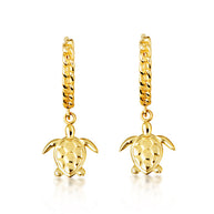 Yellow Gold Marine Sea Turtle Cuban Link Huggie Hoop Earrings