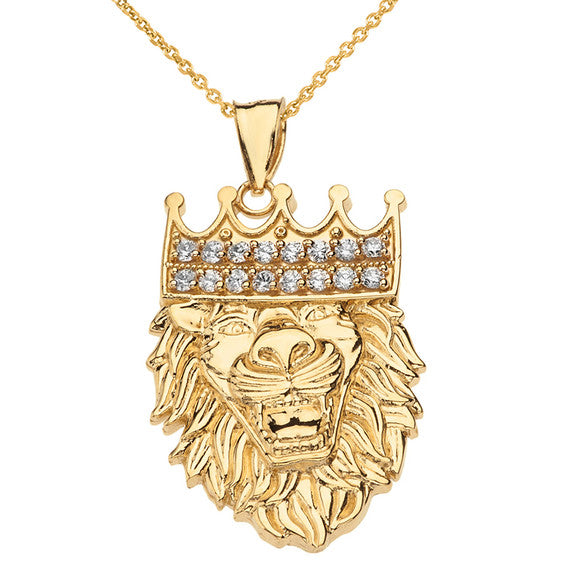 Solid Gold Double Sided Text Embossed Cubic Zirconia Lion King Pendant Necklace (Available In Yellow/Rose/White Gold)