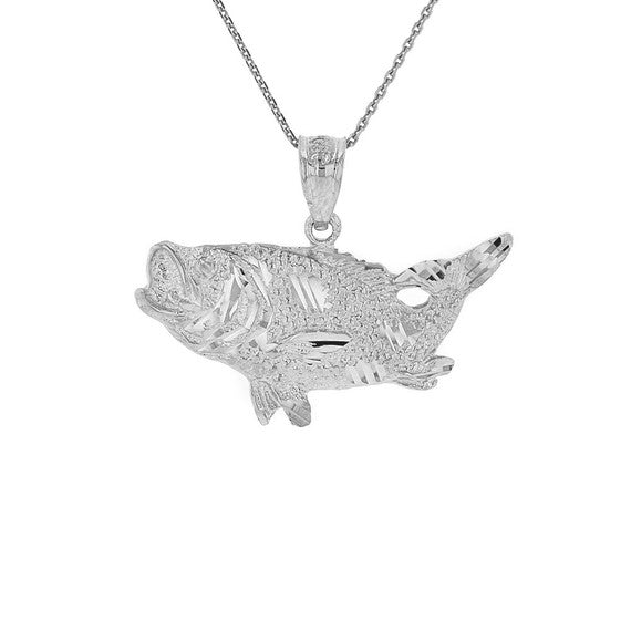 .925 Sterling Silver Diamond Cut Bass Fish Pendant Necklace