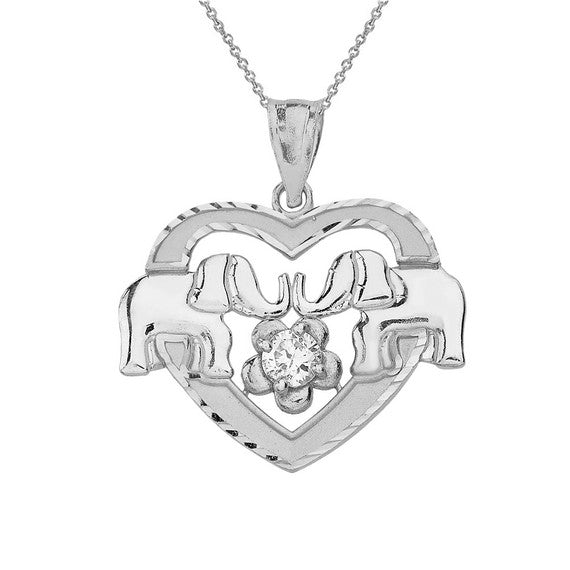 .925 Sterling Silver Elephant Heart Flower Cubic Zirconia Pendant Necklace