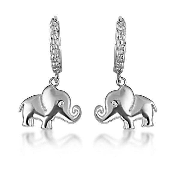 .925 Sterling Silver Elephant Wildlife Cuban Link Huggie Hoop Earrings