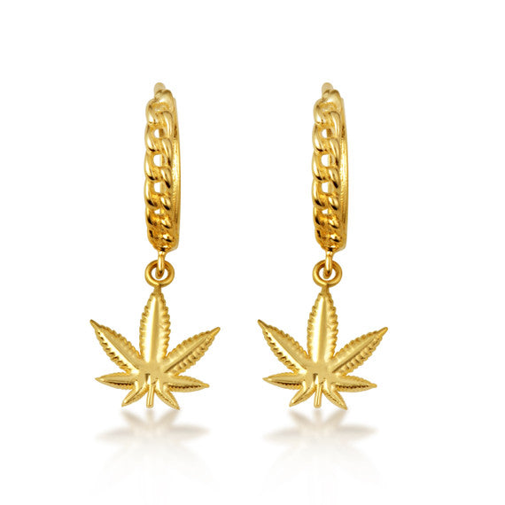 Yellow Gold Marijuana Leaf Cannabis Cuban Link Huggie Hoop Earrings
