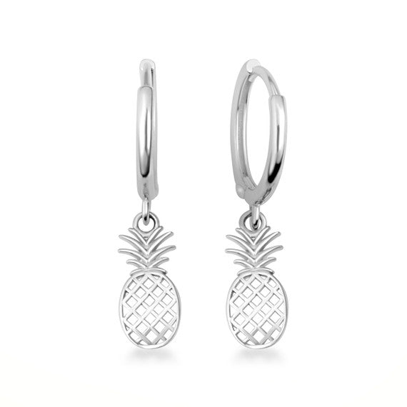 .925 Sterling Silver Pineapple Tropical Fruit Drop Huggie Hoop Earrings