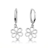 .925 Sterling Silver Daisy Flower Drop Huggie Hoop Earrings