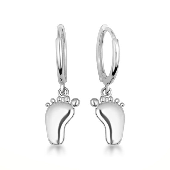 .925 Sterling Silver Baby Foot Print Huggie Hoop Drop Earrings