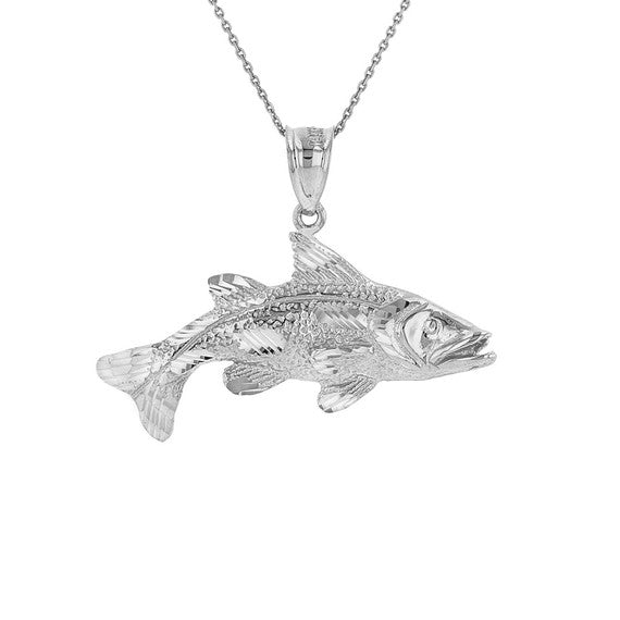 .925 Sterling Silver Diamond Cut Largemouth Bass Fish Pendant Necklace