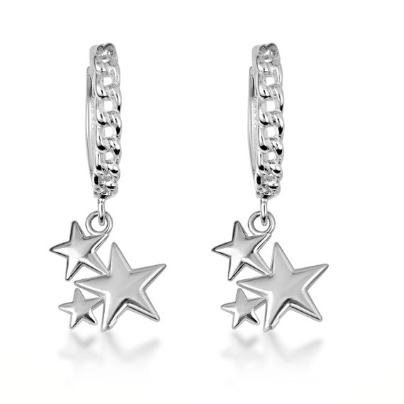 .925 Sterling Silver Star Cluster Cuban Link Huggie Hoop Earrings