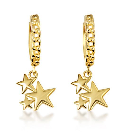 Yellow Gold Star Cluster Cuban Link Huggie Hoop Earrings