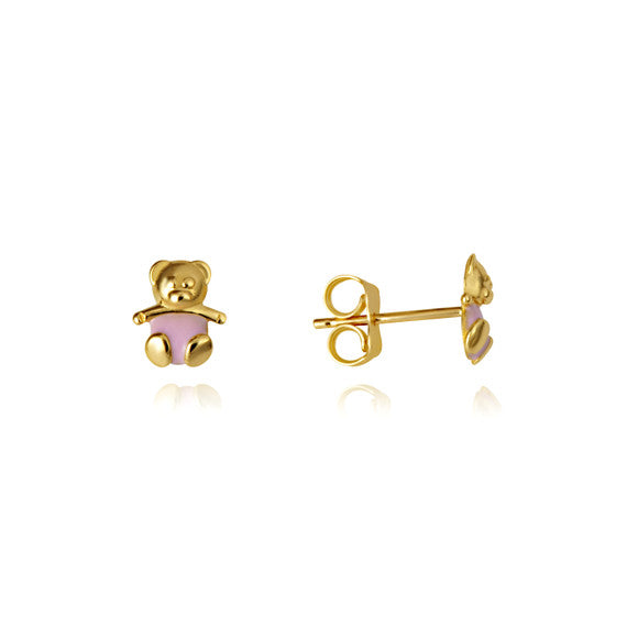 14K Yellow Gold Pink Enamel Teddy Bear Stud