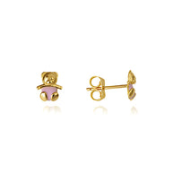 14K Yellow Gold Pink Enamel Teddy Bear Stud