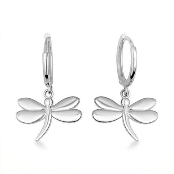 .925 Sterling Silver Dragonfly Nature Drop Huggie Hoop Earrings