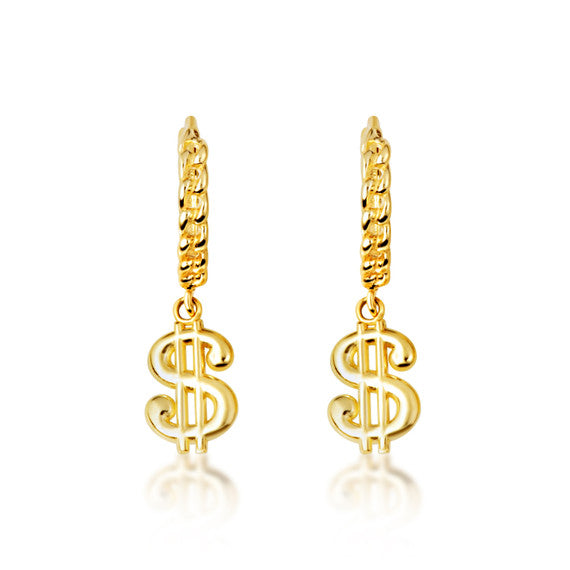 Yellow Gold Dollar Sign Cuban Link Huggie Hoop Earrings