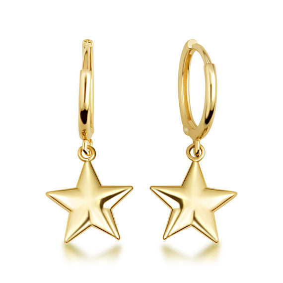 Yellow Gold Star Drop Huggie Hoop Earrings