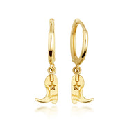 Yellow Gold Western Cowboy Boots Drop Huggie Hoop Earrings