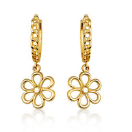 Yellow Gold Daisy Flower Cuban Link Huggie Hoop Earrings
