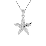 .925 Sterling Silver Diamond Cut Starfish Sea Star Pendant Necklace