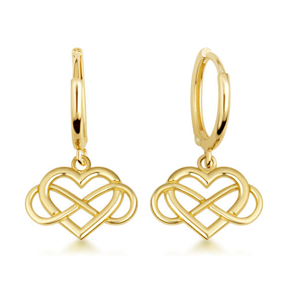 Yellow Gold Infinity Heart Drop Huggie Hoop Earrings