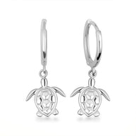 .925 Sterling Silver Marine Sea Turtle Drop Huggie Hoop Earrings