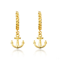 Yellow Gold Nautical Anchor Cuban Link Huggie Hoop Earrings