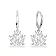 .925 Sterling Silver Lotus Bloom Flower Drop Huggie Hoop Earrings