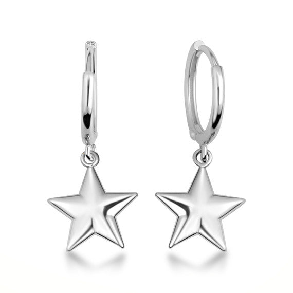 .925 Sterling Silver Star Drop Huggie Hoop Earrings