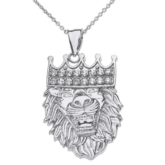 Sterling Silver Double Sided Text Embossed Cubic Zirconia Lion King Pendant Necklace