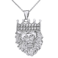 Sterling Silver Double Sided Text Embossed Cubic Zirconia Lion King Pendant Necklace