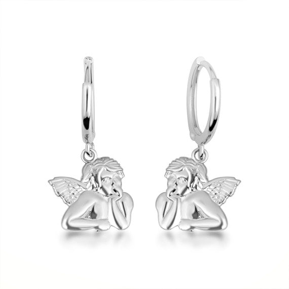 .925 Sterling Silver Cherub Angel Drop Huggie Hoop Earrings