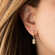 Yellow Gold Dollar Sign Cuban Link Huggie Hoop Earrings