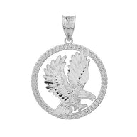 .925 Sterling Silver Rope Frame Diamond Cut American Eagle Circle Pendant Necklace