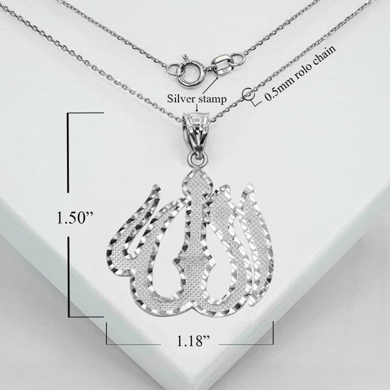 .925 Sterling Silver Allah Arabic Script Diamond Cut Pendant Necklace