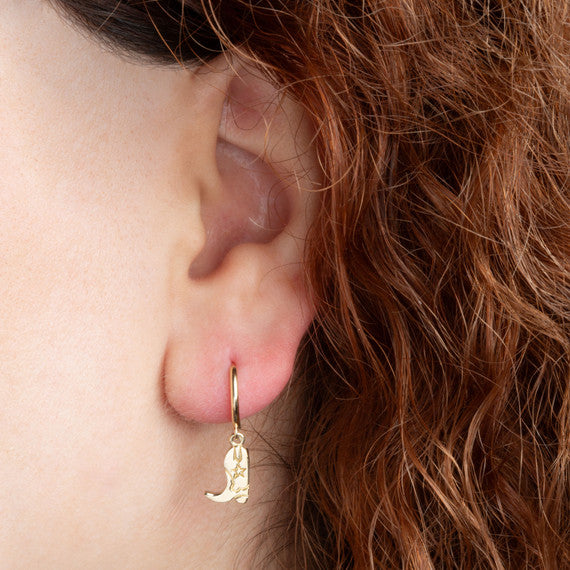 Yellow Gold Western Cowboy Boots Drop Huggie Hoop Earrings