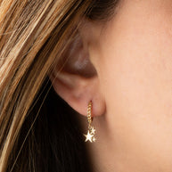 Yellow Gold Star Cluster Cuban Link Huggie Hoop Earrings