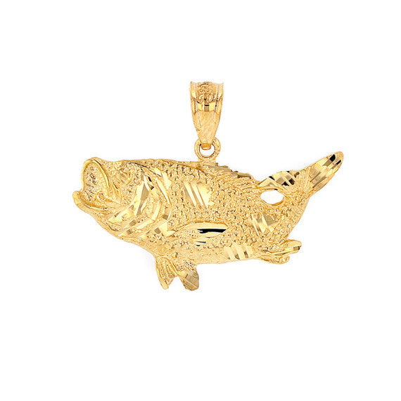 Gold Diamond Cut Bass Fish Pendant Necklace (Available in Yellow/Rose/White Gold)